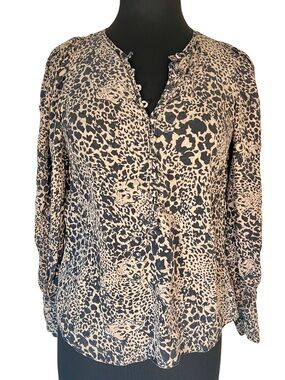 Rebecca Taylor Silk Brown Tan Beige and Black Leopard Print Face Button Blouse